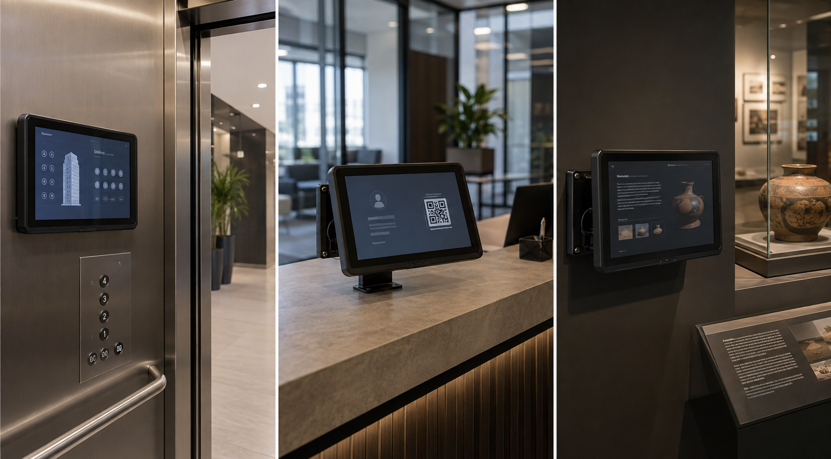 PM Plus interactive display applications in a lift, visitor reception and museum